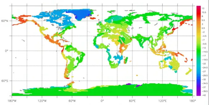 Figure 1.3 – Variabilité mondiale de la composition isotopique en Nd des terrains cotiers, (Jeandel et al., 2007) ; cf