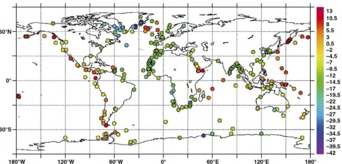 Fig. 1. Location of the discrete data compiled in Table 1 and used to make the extrapolated map.