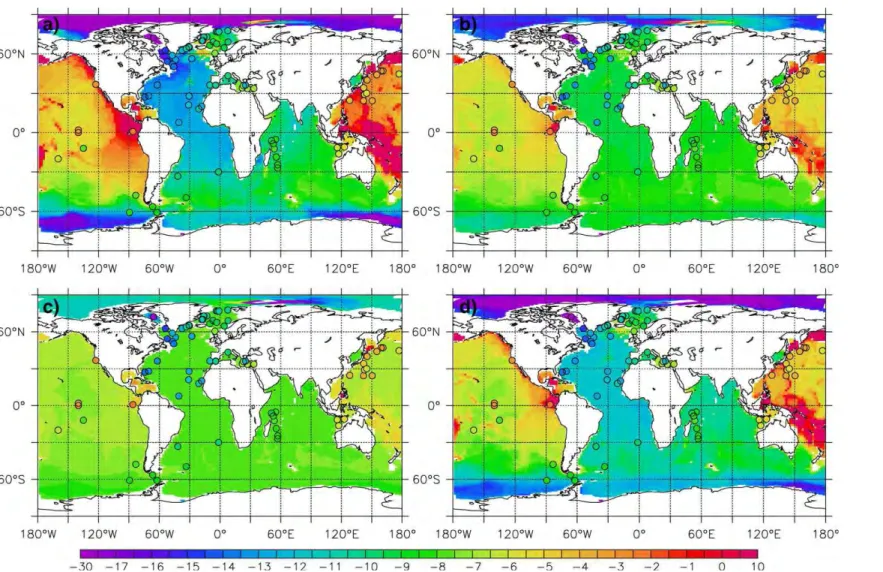 Fig. 3. Global ε Nd map averaged between 800 and 5000 m for simulations a), b), c) and d), i.e