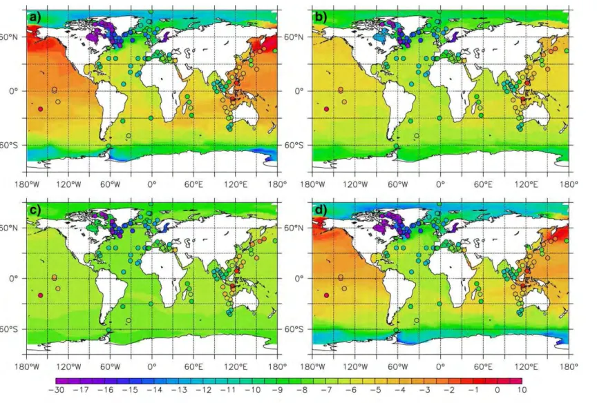 Fig. 4. Global ε Nd map averaged between 0 and 400 m for simulations a), b), c) and d)