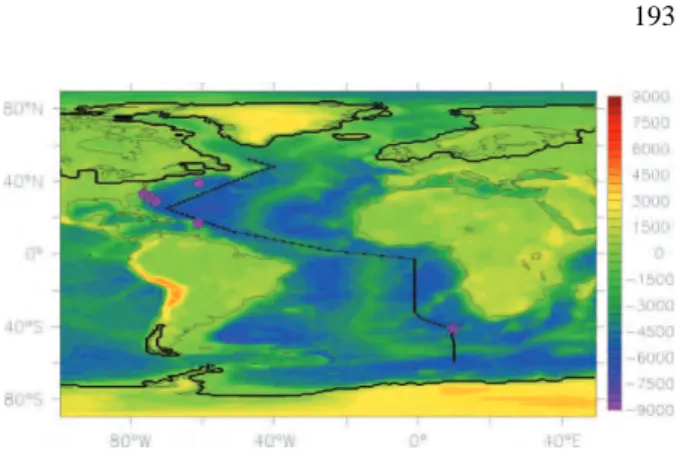 Fig. 1. Bathymetry and topography map at LGM, with modern continent contours. Sea level was 120 m lower at LGM than at Holocene (inducing larger Patagonian or New Foundland Plateau), with present oceanic regions covered by ice sheets (enclosed by thick lin