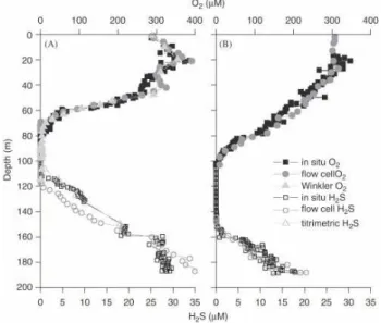 Figure  III.15 :  Profils  de  concentrations  en  oxygène  et  sulfure  d’hydrogène  dissous  obtenus  par  différentes méthodes d’analyse (Glazer et al., 2006a) 