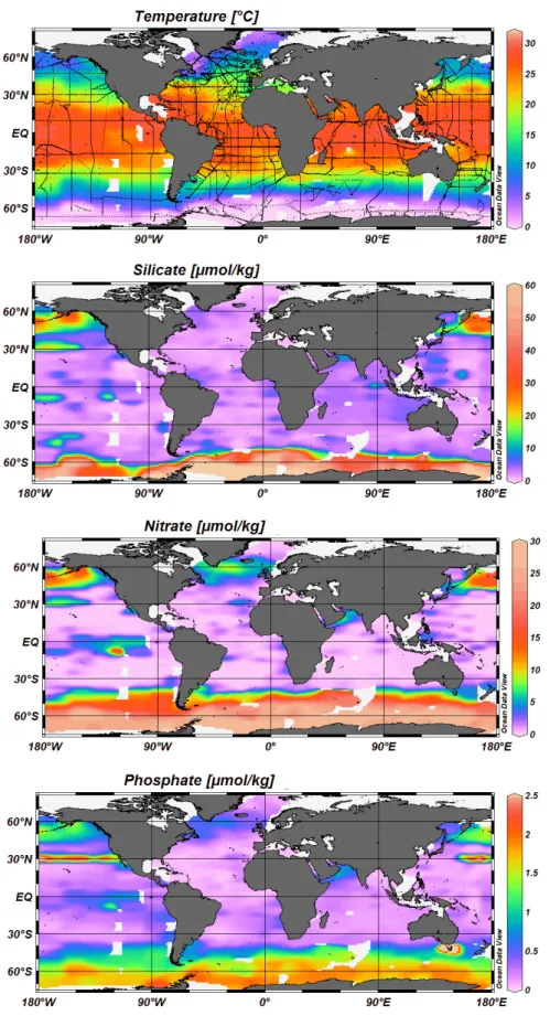 Figure I.2 Température de surface, concentrations de surface en silicate, nitrate et phosphate obtenues  durant le programme WOCE de 1990 à 2002 (le trajet de chaque campagne est représenté en noir sur  la première carte)