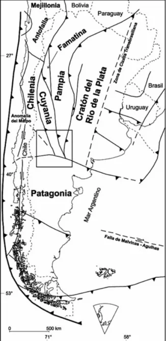 Figura II-3 . Mapa de terrenos tectonoestratigráficos  acrecionados en la región austral de Sudamérica  (basado en Ramos  [1988],  Kraemer et al