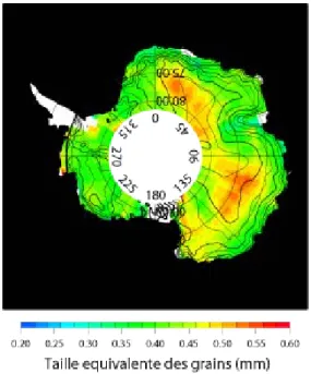 Fig. 1.14 – Taille des grains de neige mesurés par le radar altimétrique de ERS en bande Ku (d’après Legrésy et Rémy, 1998)