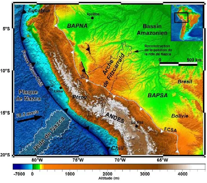Figure  1.  3 :  Modèle  numérique  de  terrain  des  Andes  centrales  et  du  bassin  amazonien.  Le  bassin 