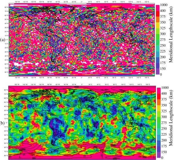 Figure 12. Meridional length scales (in km) for surface pressure on 10 February 2002 at 12 UTC, computed from 6 ensemble members