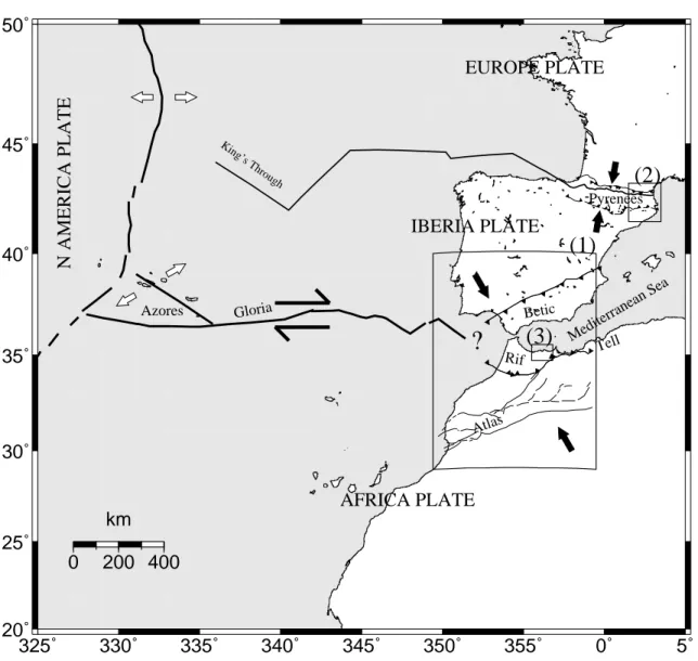 Fig. 1.1 – Carte de situation tectonique g´en´erale montrant les limites de plaques (modi- (modi-fi´ees `a partir de Gonzalez (2001)) consid´er´ees