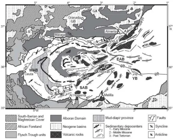 Fig. 1.9 – Carte structurale de la mer d’Alboran d’apr`es Comas et al. (1999).