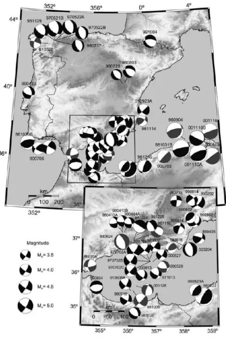 Fig. 1.14 – M´ecanismes au foyer dans la r´egion Ib´ero-Maghr´ebine d’apr`es Stich et al