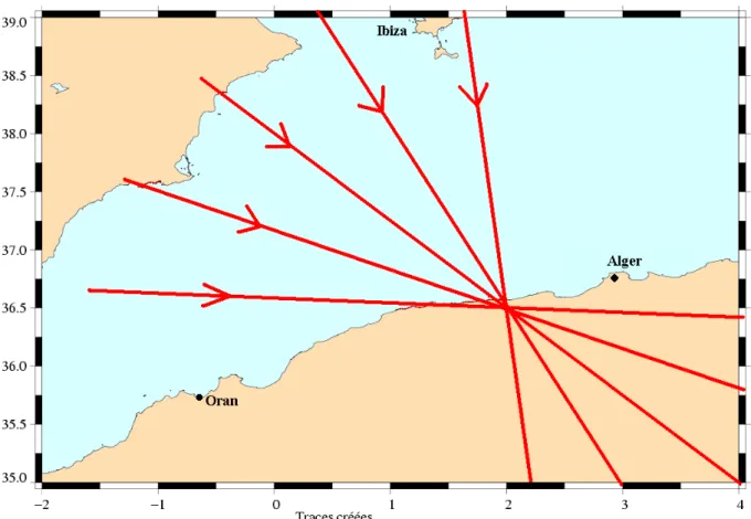 Figure 39 : traces créées, coupant la côte nord-africaine avec 5 angles connus. 