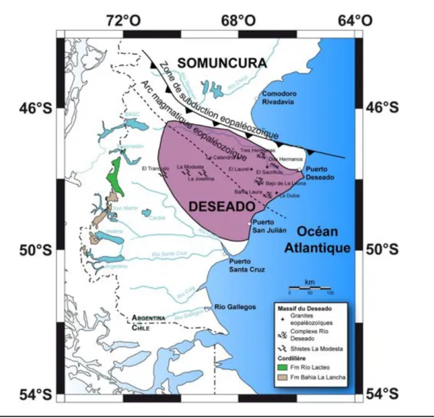 Figure 2.1. Principaux affleurements du socle paléozoïque du Massif  du  Deseado  et  de la  Cordillère  Patagonique Australe (d’après  Giacosa  et  al., 2002  et Giacosa  et Márquez, 2002)