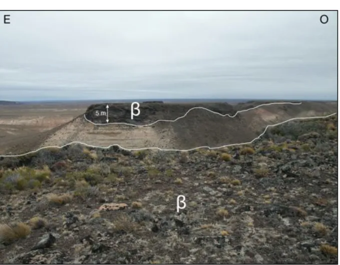 Figure 2.16. Basaltes pliocènes (!) coiffant la Formation Castillo (Crétacé supérieur) dans la Sierra San  Bernardo