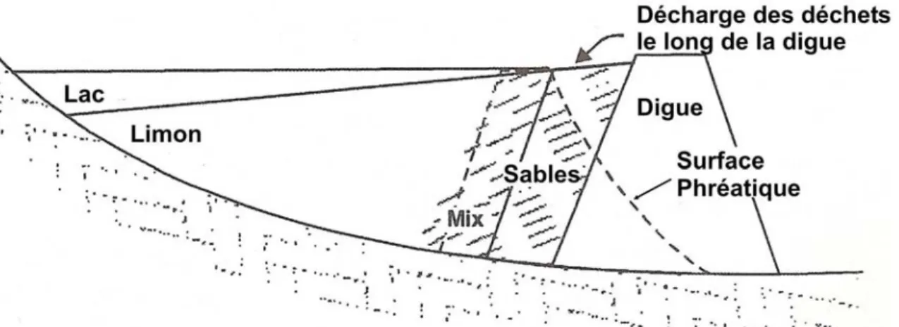 Figure I.10. Modèle de la structure d’un bassin de rétention de résidus miniers (tailing impoundment (Blowes et al.,  2003)