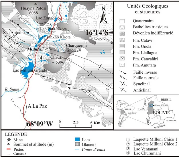 Figure II.2. Géologie et Hydrologie du Val de Milluni. NB : Fm. : Formation. 