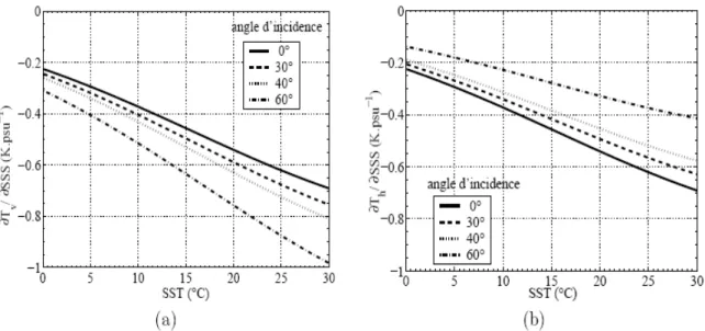 Figure 38 : Sensibilité de la température de brillance à la salinité en fonction de la température, en polarisations  verticale (a) et horizontale (b), à différents angles d’incidence (d’après [Dinnat, 2003])