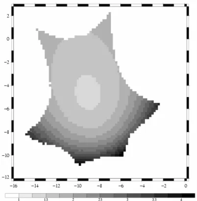 Figure 40 : Bruit radiométrique estimé (en K) dans un champ de vue de SMOS.