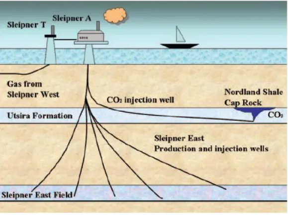 Figure 1.1 Cross section of CO 2  injection in the Utsira formation at Sleipner (from  Audigane et  al, 2007) 