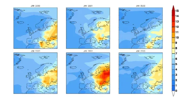 Figure 3.7 : Mean sulphate column (mg[S].m -2 ) over Europe in January from 2000 to 2005 