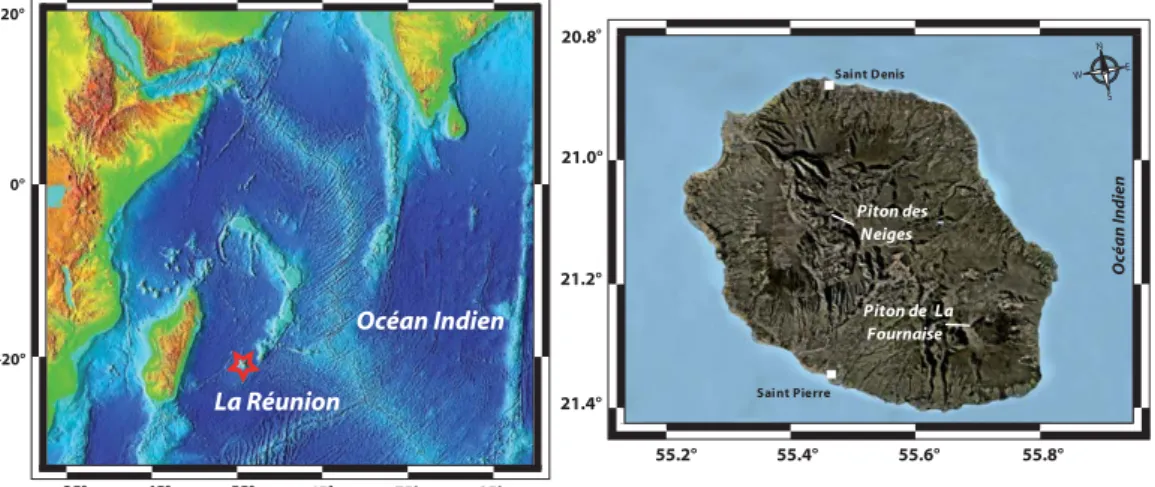 Figure 2.1 – Gauche : Localisation géographique de l’Ile de La Réunion dans