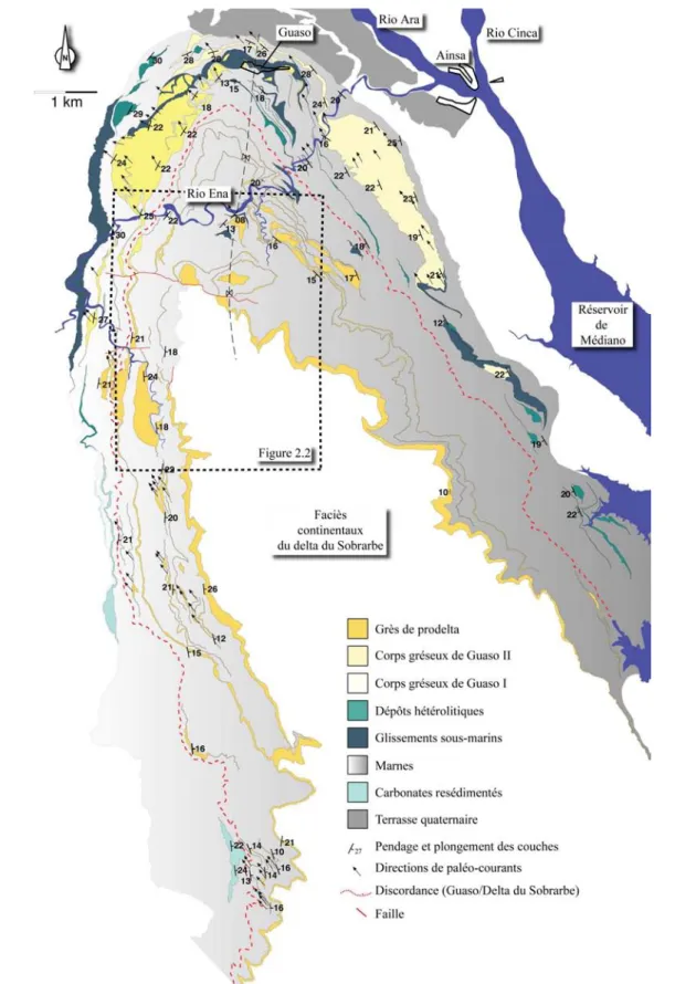 Figure  1.6.   Carte  géologique  du  dernier  système  turbiditique  du  bassin  d’Ainsa  (Guaso)  et  des  dépôts  du 