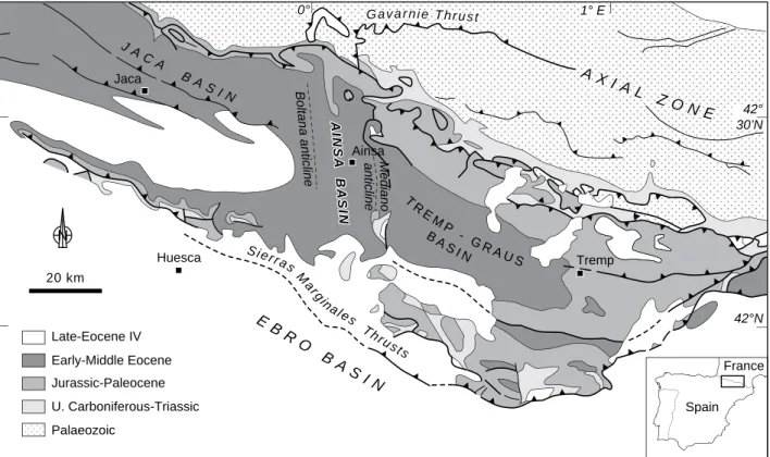 Fig. 1. Simpliﬁed geological map of the South Pyrenean Foreland Basin with location of the Ainsa Basin (North of Spain)