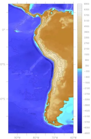 Fig. 1.8: Topographie et bathymétrie de l'Amérique du Sud occidentale établies à partir de données ETOPO1 