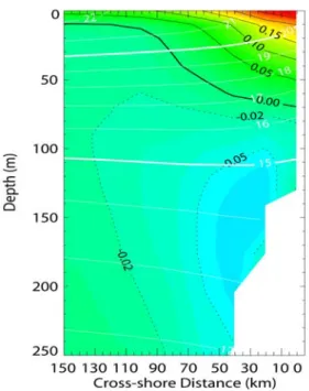 Fig. 1.4: Vertical section in the cross-shore direction of the mean alongshore currents (m/s) and the mean 