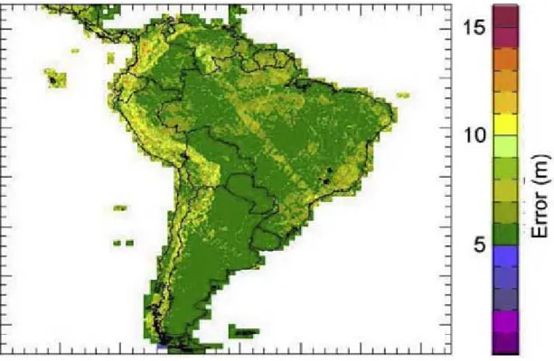 Figura 5.3 - Erro vertical absoluto do SRTM na América do Sul. Verifica-se que  erros na Amazônia permanecem entre 5 e 10 metros (Rodriguez et al., 2005)