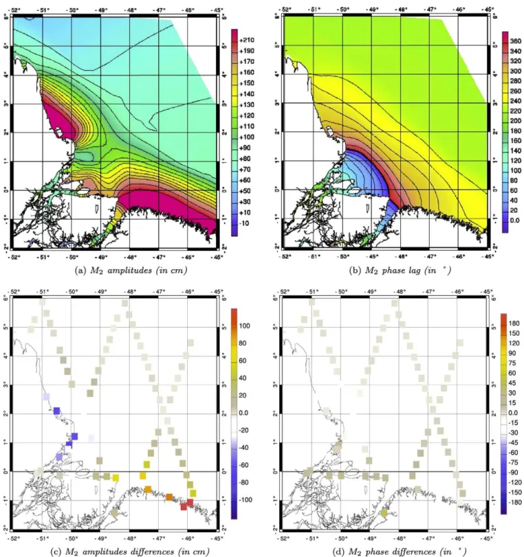 Fig. 8. Experiment 3 – M 2 tidal constituent (logarithmic speed proﬁle) and comparison against observations (misﬁt = model  observed)
