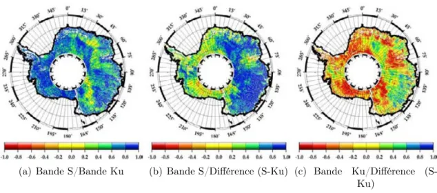 Figure 2.14 – Cartes de corrélations entre les valeurs du coefficient de rétrodiffusion dans les deux fréquences