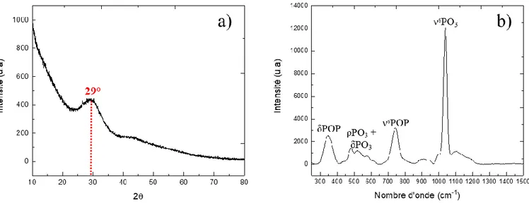 Figure I - 7 : Analyses par a) DRX et b) spectroscopie Raman de l’aCPP synthétisé au CIRIMAT (Gras, 2014) 