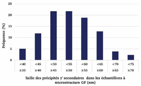 Figure III-6 : Histogramme de la taille des précipités  γ’ secondaires dans les échantillons à microstructure GF