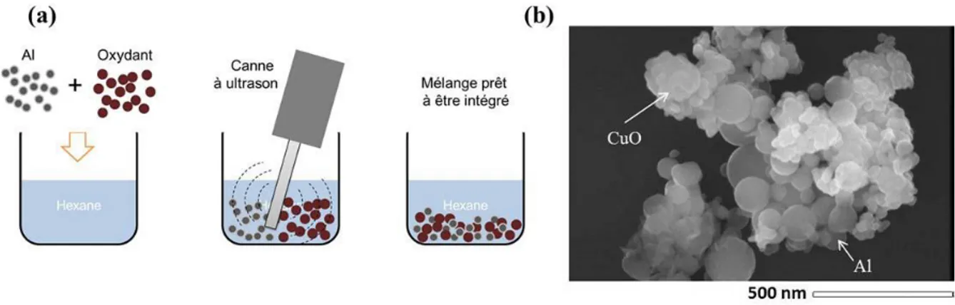 Figure I.1 : (a) Description schématique du mélange physique de nanoparticules [26] et (b) image au  microscope électronique à balayage, MEB, d’un mélange de nanoparticules