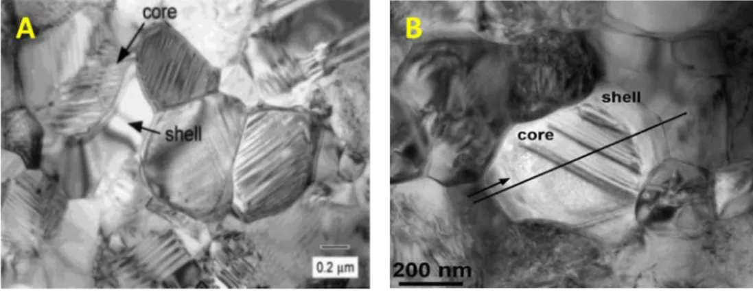 Figure 1.2. Transmission electron micrographs of core-shell structures in doped BT ceramics