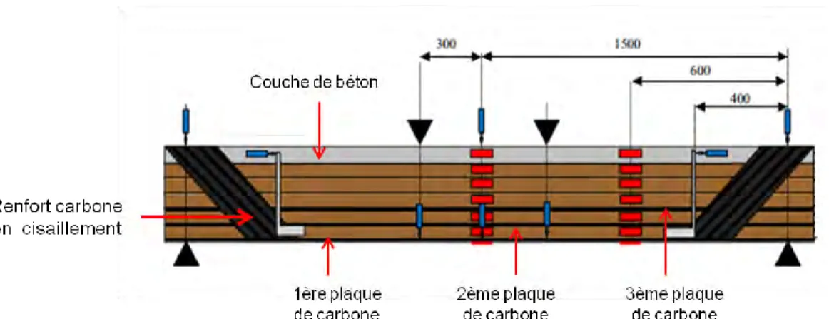 Figure 33 : Modèle d’une poutre en bois lamellé-collé avec un multi-renforcement (d’après Nguyen et al