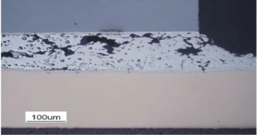 Figure 17: Delamination of a lead-free solder joint between the die Si substrate and the Cu lead frame [ Bou08 ].