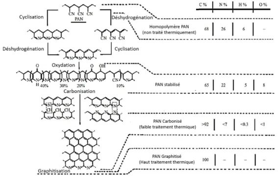 Figure 1.2 – Evolution de la structure chimique de fibres ex-PAN au cours de leur élaboration