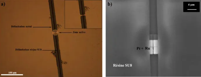 Figure III.12: a) Image au microscope électronique et b) image MEB du dispositif avec la couche de résine photosensible  SU8