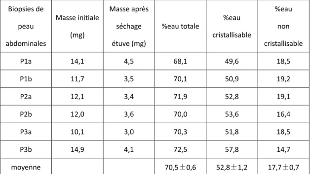 Tableau 11 : quantification des différents types d’eau et caractéristiques de l’endotherme de dénaturation de  biopsies de peau abdominales 
