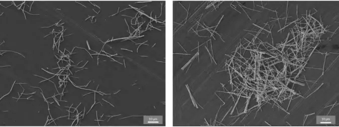 Figure 28 : Images MEB illustrant l’influence de la méthode de dispersion (sonde ou bain à ultrasons, à gauche et à droite  respectivement) sur les fils Au sans ions Co 2+ 