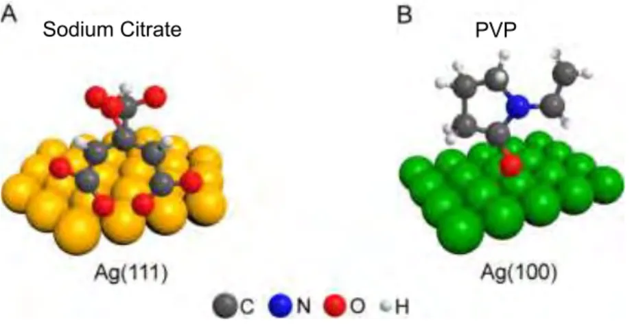 Figure 3  : Schéma A) d'une molécule de TSC liée par adsorption à une face (111) et B) du PVP (une  seule unité constitutive) adsorbée sur une face (100)