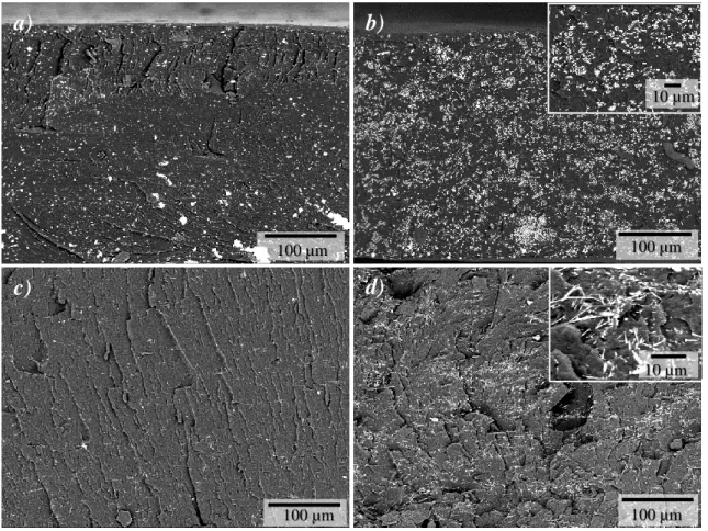 Figure 17-Images de microscopie électronique à balayage des composites PEEK/Ag :  a) PEEK+1,3 %vol AgNP, b) PEEK+7,7 %vol AgNP, c) PEEK+0,5 %vol AgNWs, 