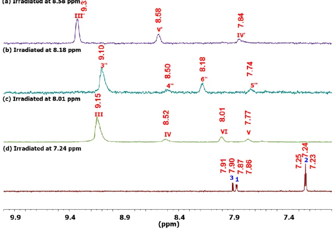 Figure 43. TOCSY1D NMR spectra of the Yb—RuL complex (MeOD-d 4 , 600 MHz) irradiated at  (a) 8.58 ppm, (b) 8.18 ppm, (c) 8.01 ppm, (d) 7.24 ppm, (e) 2.68 ppm, (f) 1.68 ppm and (g) 1.18  ppm