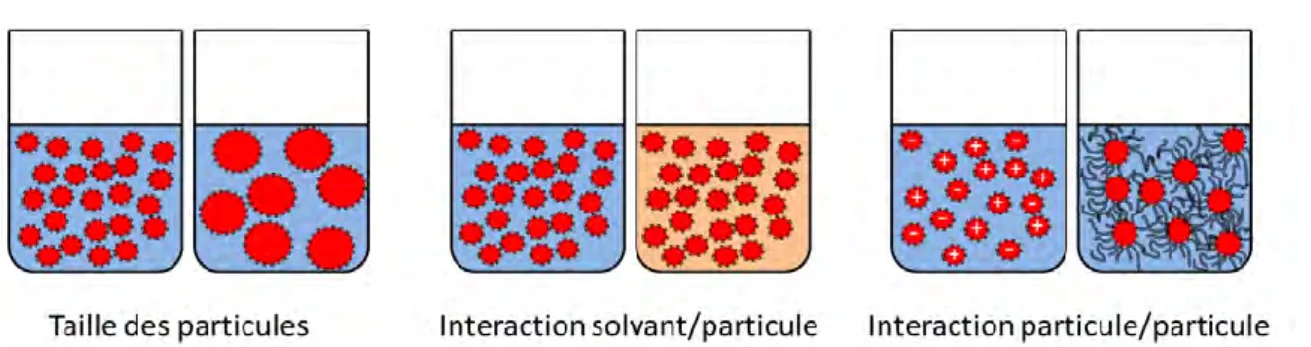 Figure 2.3: Schéma représentant les principaux paramètres pouvant influencer la stabilité temporelle d’une solution  colloïdale