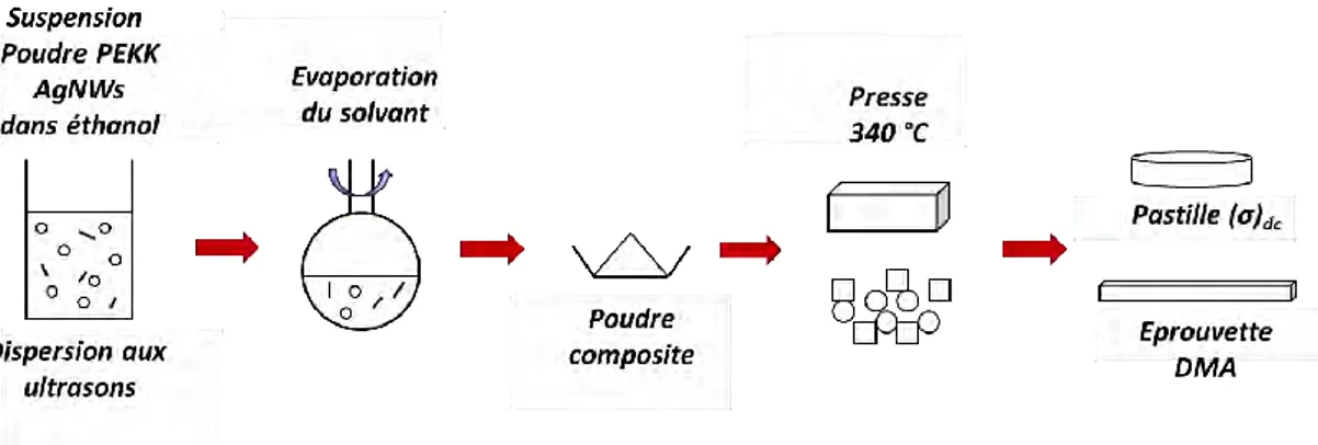 Figure 20 : Elaboration des composites PEKK/fils submicroniques par voie fondue  II.3.1.2