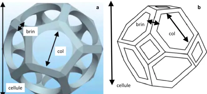 Figure 31 : définition des éléments constituant un matériau à porosité ouverte sur a) un dodécaèdre  pentagonal et b) un tétrakaïdécaèdre [27] 
