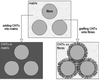 Figure 1.8  Schematic representation of the two multiscale composite manufacturing routes [65]