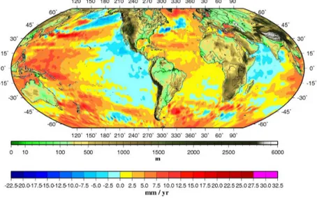 Fig. 1.11 – Taux de variation du niveau de la mer entre 1993 et 2004 d’apr` es les obser-