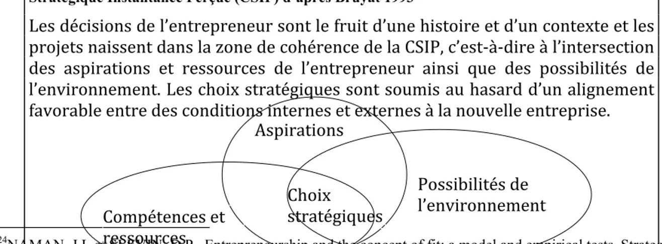 Figure 4 : Une application des théories de la contingence en entrepreneuriat - la Configuration  Stratégique Instantanée Perçue (CSIP) d’après Bruyat 1993  